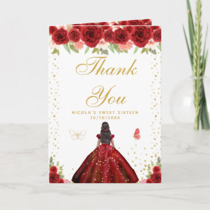 Rote Florale Dunkelhäutige Mädchen Sweet Sixteen Dankeskarte