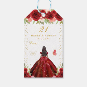 Rote Florale Dunkle Haut Prinzessin Geburtstagsfei Geschenkanhänger