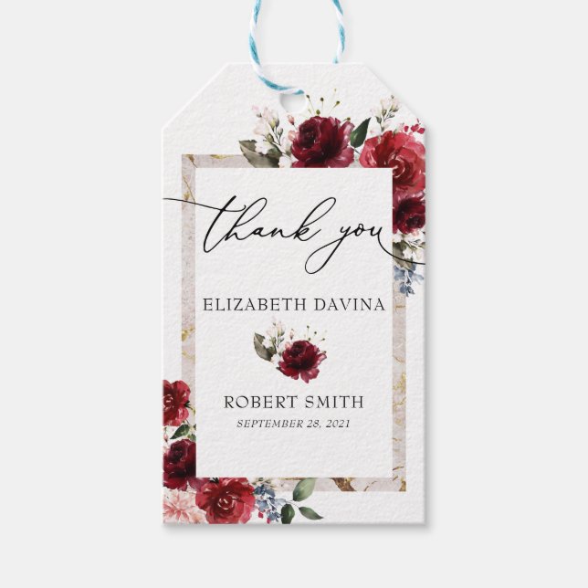 Rote, florale Elegant Rustikale Weiße Hochzeit Geschenkanhänger (Vorderseite)
