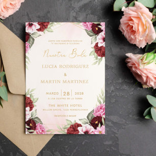 Rote florale Goldrahmen-Hochzeit Einladung