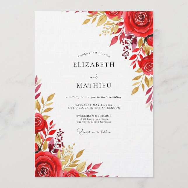 Rote florale Hochzeit Einladung (Vorderseite)