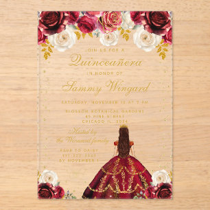 Rote Florale Prinzessin Quinceañera Acryleinladungen