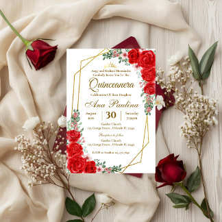 Rote Florale Quinceañera-Einladung Einladung