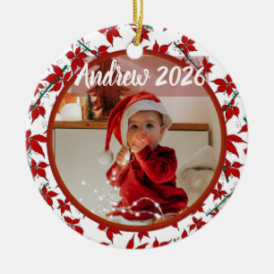 Rote Florale Weihnachtsstern-Baby-Foto zum ersten Keramik Ornament