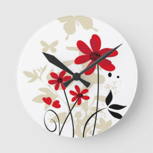 Rote flowes und Schmetterlinge Runde Wanduhr