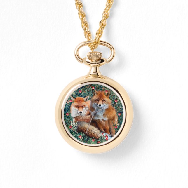 ROTE FOXE UNTER GRÖSSE, FOLIAGE UND BLUME ARMBANDUHR (Vorderseite)