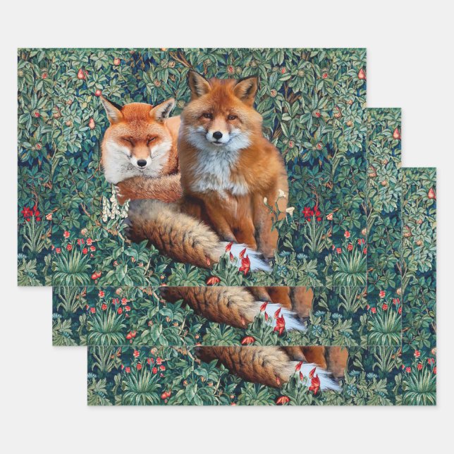 ROTE FOXE UNTER GRÖSSE, FOLIAGE UND BLUME GESCHENKPAPIER SET (Set)