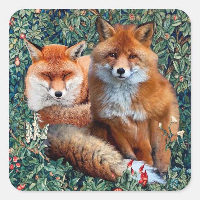 ROTE FOXE UNTER GRÖSSE, FOLIAGE UND BLUME QUADRATISCHER AUFKLEBER (Vorderseite)