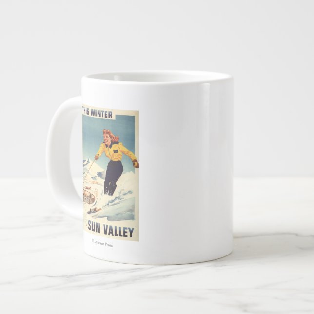 Rote Frau Lächeln und Skiplakat Jumbo-Tasse (Vorderseite Links)