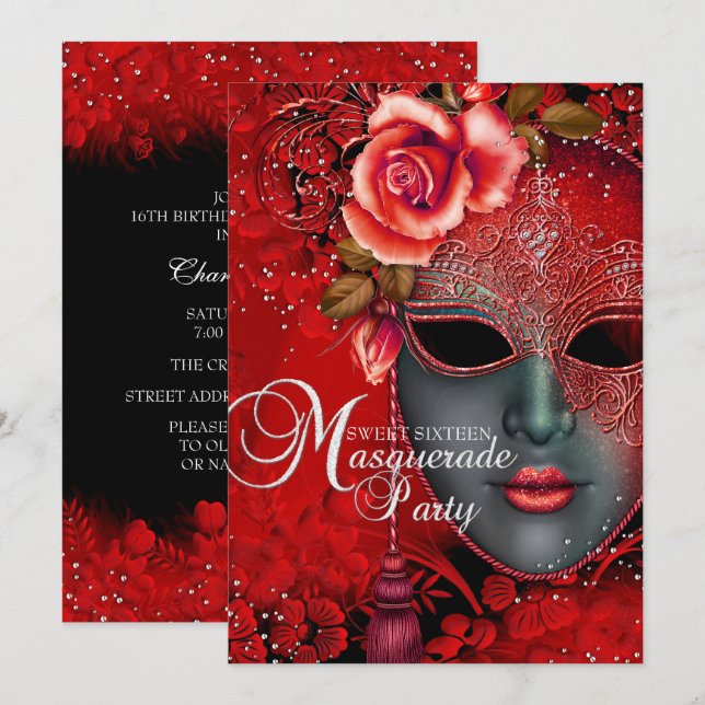 Rote Funkelmaske Masquerade Sweet 16 Einladung (Vorne/Hinten)
