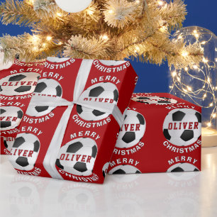 Rote Fußball-Bälle Kinder Name Weihnachten Geschenkpapier