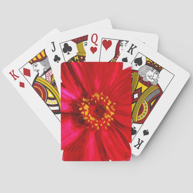 Rote Gänseblümchen-Blume mit dem gelben Spielkarten (Rückseite)