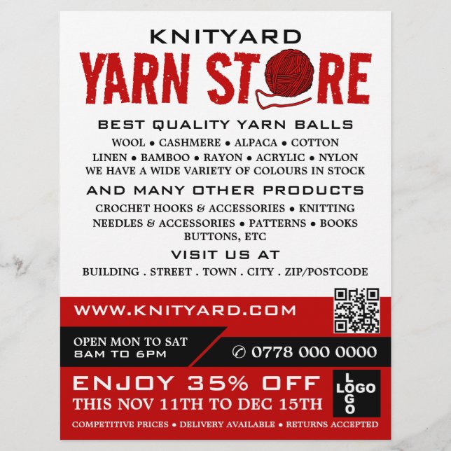 Rote Garne-Store-Logo, Knittershop, Garnspeicher Flyer (Vorne)