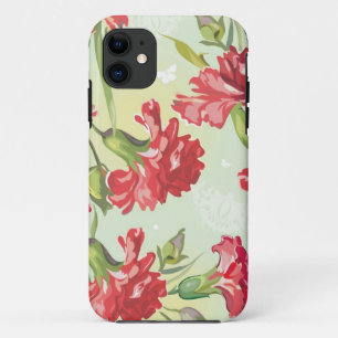 Rote Gartennelken auf Grün mit Schmetterlingen iPhone 11 Hülle