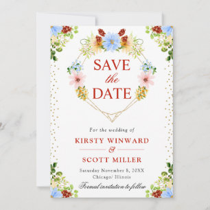 Rote Gelbe Blaue Blumen Herz Kranz Hochzeit Save The Date