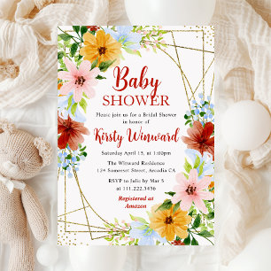 Rote Gelbe Blaue Blumen Rahmen Baby Shower Einladung
