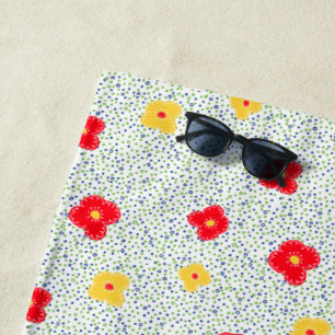 Rote gelbe Blumen, grüner blauer Polka-Punkt Strandtuch