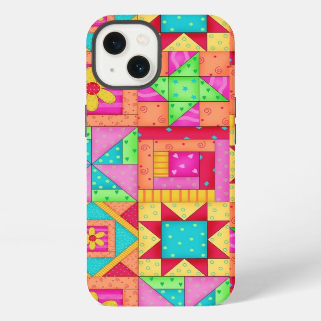 Rote gelbe bunte Patchwork-Quilt-Kunst iPhone Hülle (Rückseite)