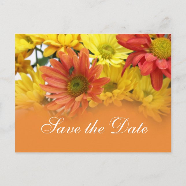 Rote, gelbe, orangefarbene Blume Save the Date Ankündigungspostkarte (Vorderseite)