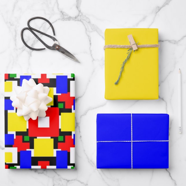 Rote, gelbe, schwarze, blaue und grüne Geometrien Geschenkpapier Set (Vorderseite)