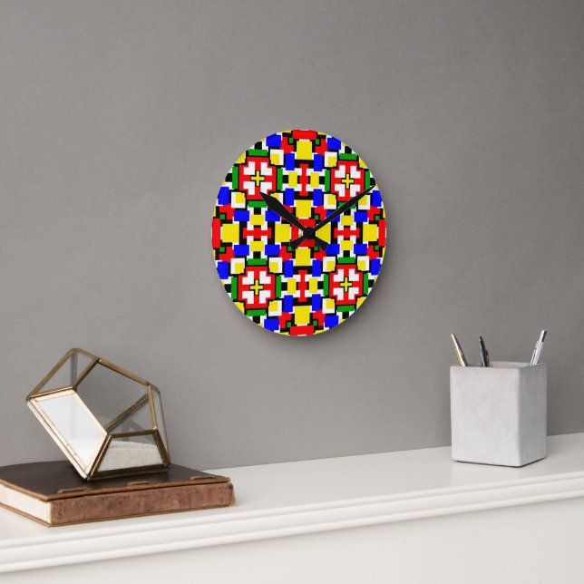 Rote, gelbe, schwarze, blaue und grüne Geometrien Runde Wanduhr (Büro)