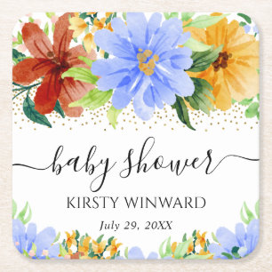 Rote, gelbe und blaue Blumen Baby Shower Rechteckiger Pappuntersetzer