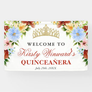 Rote, gelbe und blaue Blumen begrüßen Quinceanera Banner