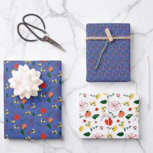 Rote gelbe Wildblumen Muster blau Geschenkpapier Set