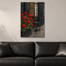 Rote Geranien außerhalb des Cafes
