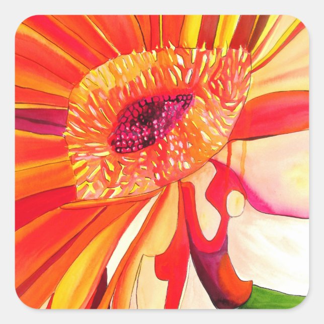 Rote Gerbera Blume Aquarellmalerei Quadratischer Aufkleber (Vorderseite)