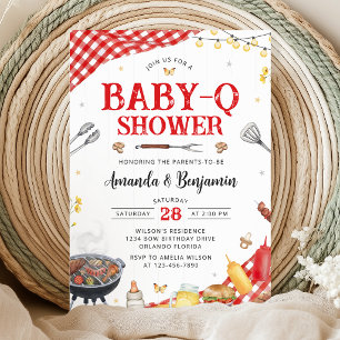 Rote Gingham-Baby-Q-Einladung zur Babyparty Einladung