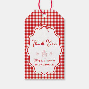 Rote Gingham-Barbecue-Baby-Q-Baby-Party Geschenkanhänger