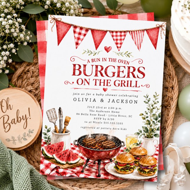 Rote Gingham-Burger auf dem Grill Einladung (Von Creator hochgeladen)