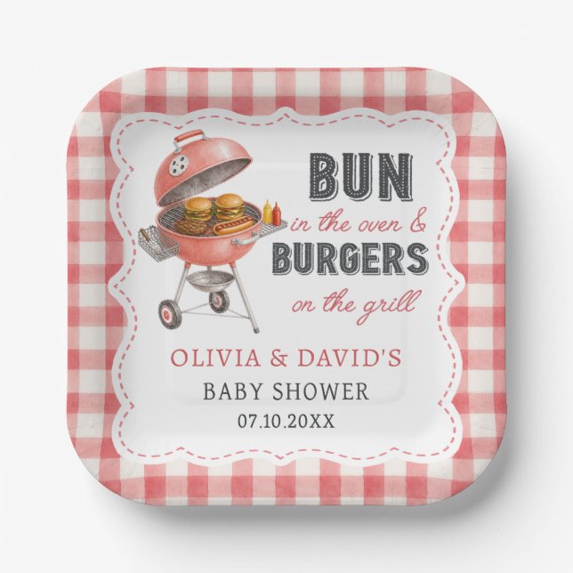 Rote Gingham-Burger-BBQ-Baby-Shower-Papierteller Pappteller (Vorderseite)
