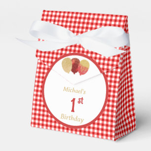 Rote Gingham-Glitzerballons individuell mit 3 Foto Geschenkschachtel