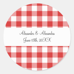 Rote Gingham-Muster-Gastgeschenke Hochzeiten Runder Aufkleber