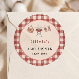 Rote Gingham-Picknickkorb-Grill-Baby-Party Runder Aufkleber