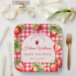 Rote Gingham-Schleife Erdbeere Baby Shower Papierp Pappteller