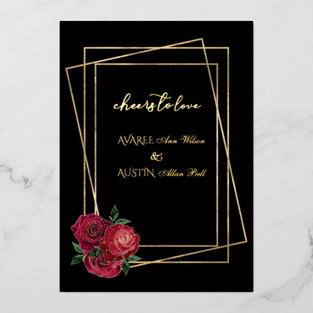 Rote Glam-Rose und Schwarz-Gold-Foil-Einladung Folieneinladung (Vorderseite)