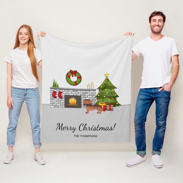 Rote, glatte Dackel im Weihnachtsraum Fleecedecke (Beispiel)