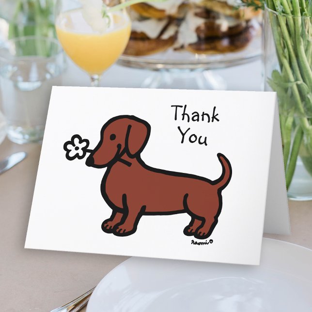 Rote, glatte Dackel Kleine Blume Dankeskarte (Red Smooth Haired Dachshund Tiny Flower Thank You Card for Doxie owners.  Cute sausage dog cartoon.)