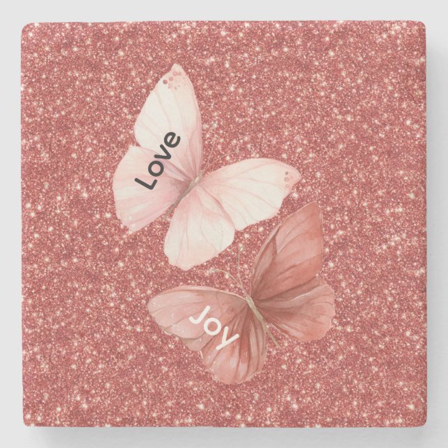 Rote Glitter Rosa Liebe Freude Schmetterlinge Steinuntersetzer (Vorderseite)