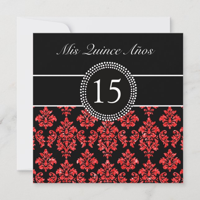 ROTE GLITZER-EFFEKT SCHWARZES DAMASK QUINCEANERA EINLADUNG (Vorderseite)