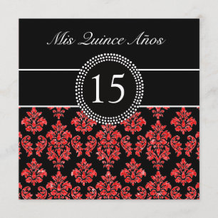 ROTE GLITZER-EFFEKT SCHWARZES DAMASK QUINCEANERA EINLADUNG