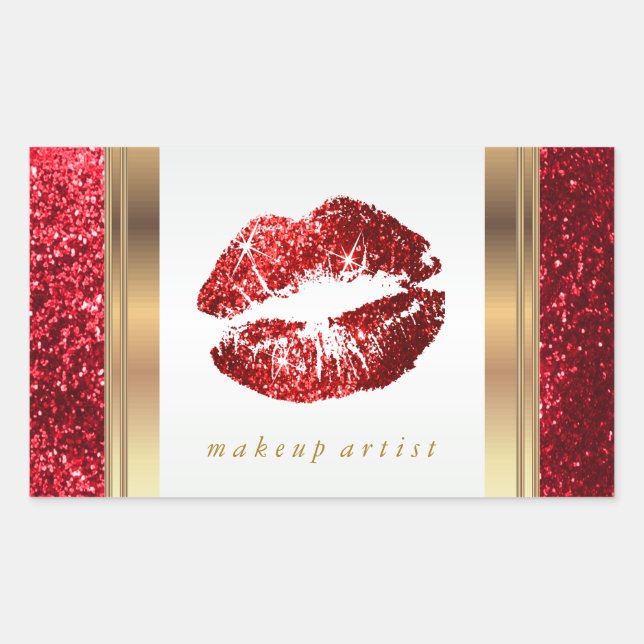 Rote Glitzer Lippen und elegante Goldstücke 2 Rechteckiger Aufkleber (Vorderseite)