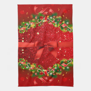 Rote Glitzer mit Bow und Weihnachtsschmuck Geschirrtuch
