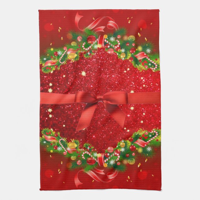 Rote Glitzer mit Bow und Weihnachtsschmuck Geschirrtuch (Vertikal)