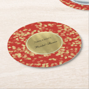 Rote Gold Glamour Konfetti Brautparty Runder Pappuntersetzer