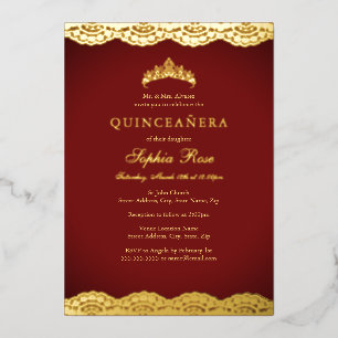 Rote Gold-Lace-Tiara Quinceanera Folie Folieneinladung