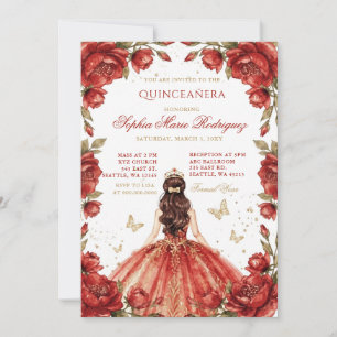 Rote Gold Prinzessin Florale Tiara Quinceañera Einladung